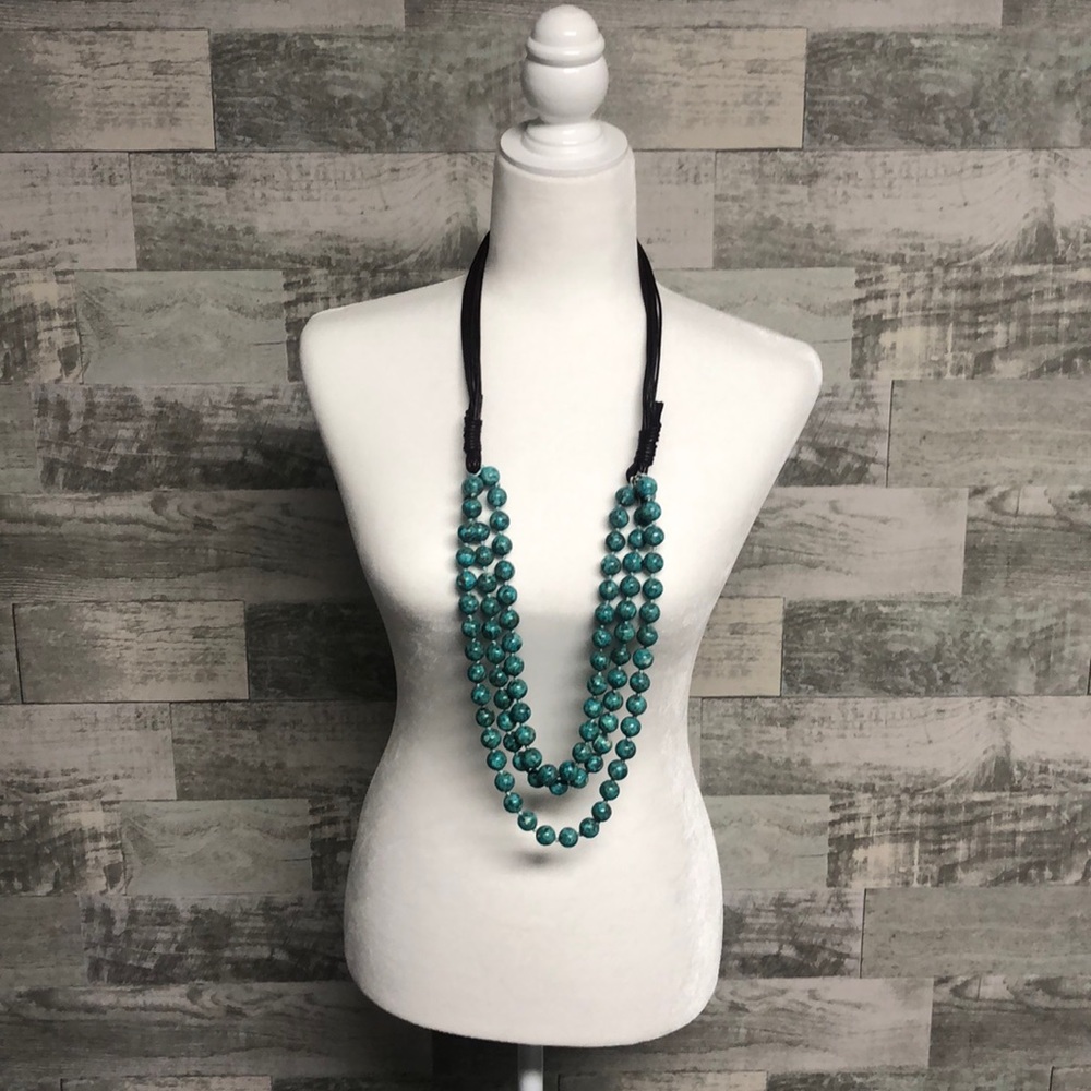 Triple strand turquoise and leather necklace